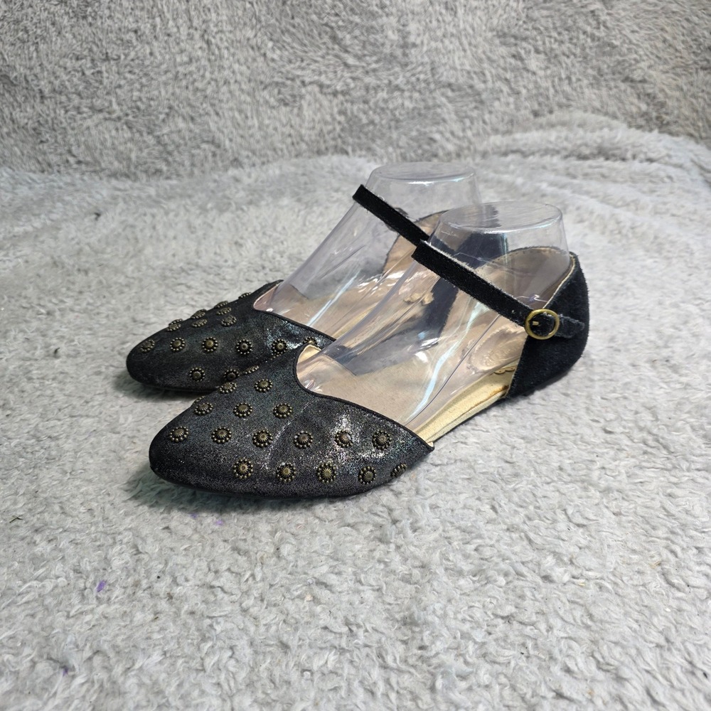Joyfolie Lillyah Flats Black Studded Metallic Mary Jane‎ D'Orsay Women 6Y 7.5